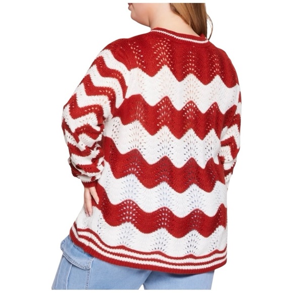 Caren Sport Red and White Wave Knit Sweater, Plus Size 2X - Picture 3 of 8